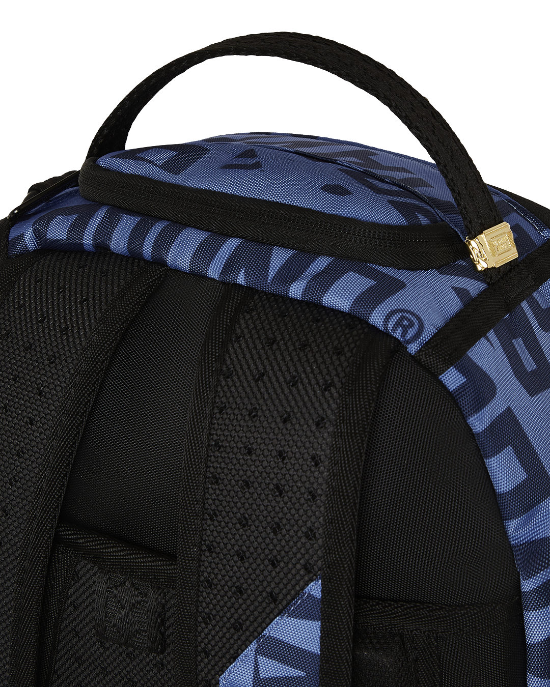 Front view of the pink Sprayground backpack showcasing Meg Shark Mouth graphic and gold zippers