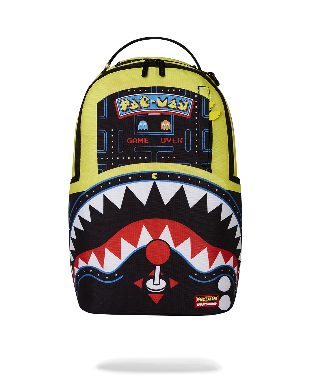 Close-up of PACMAN zipper puller and Sprayground metal badge