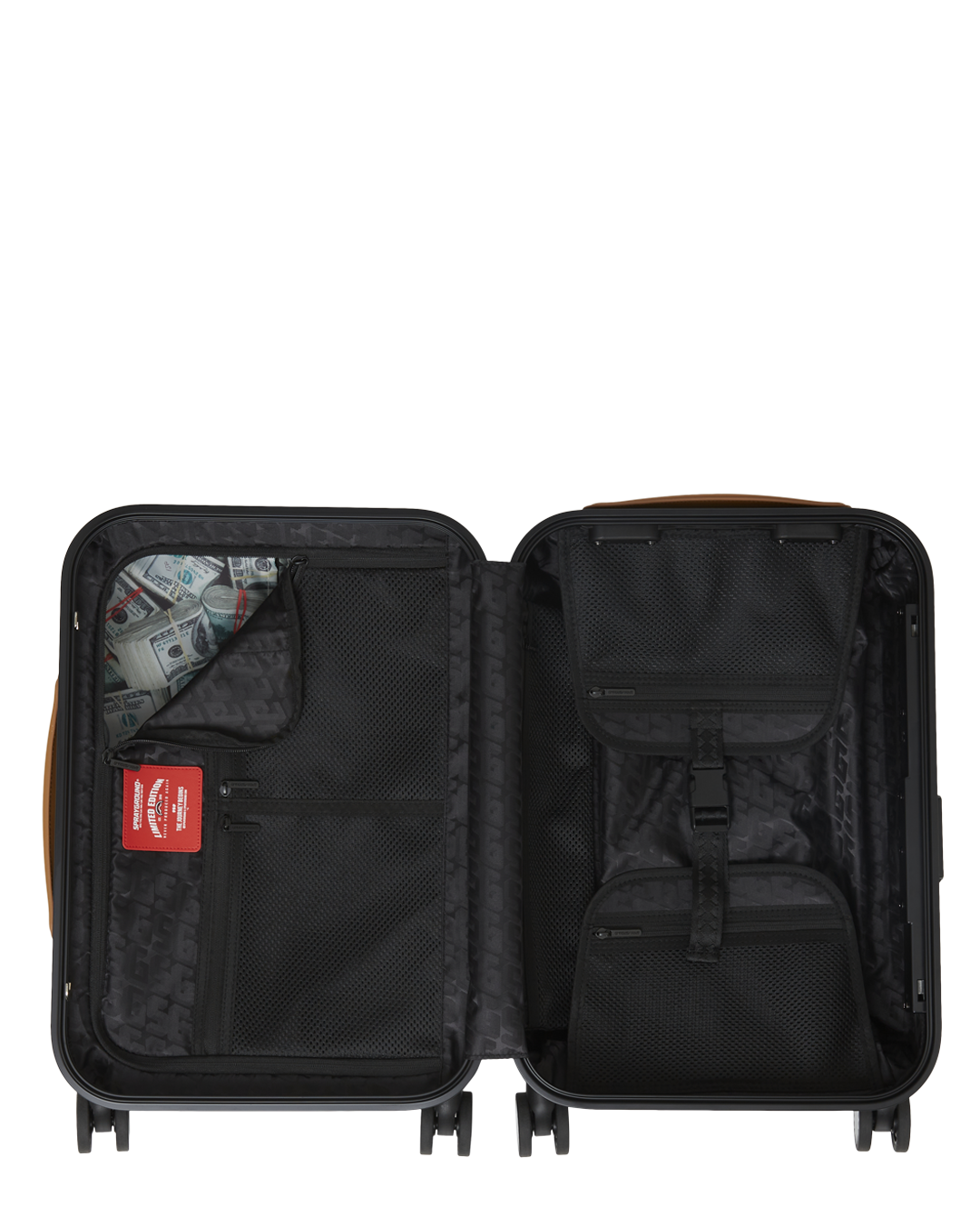 Close-up of double spinner wheels on the Sharkitecture Jetstream suitcase.