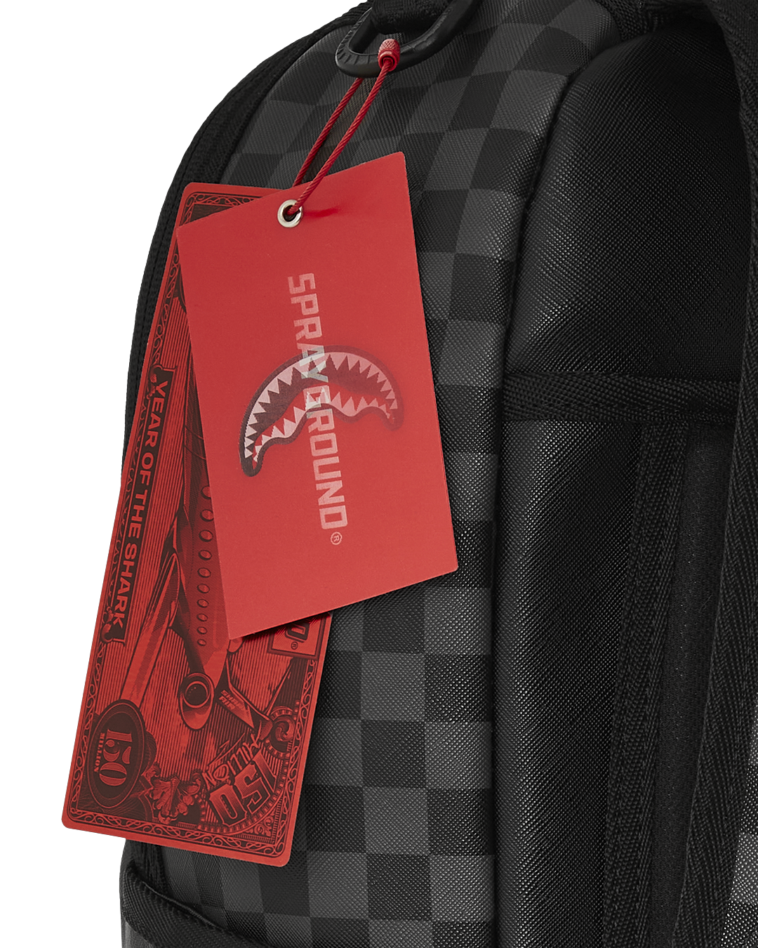 Front view of the Angry Birds x Money Boys faux leather backpack with gold zippers