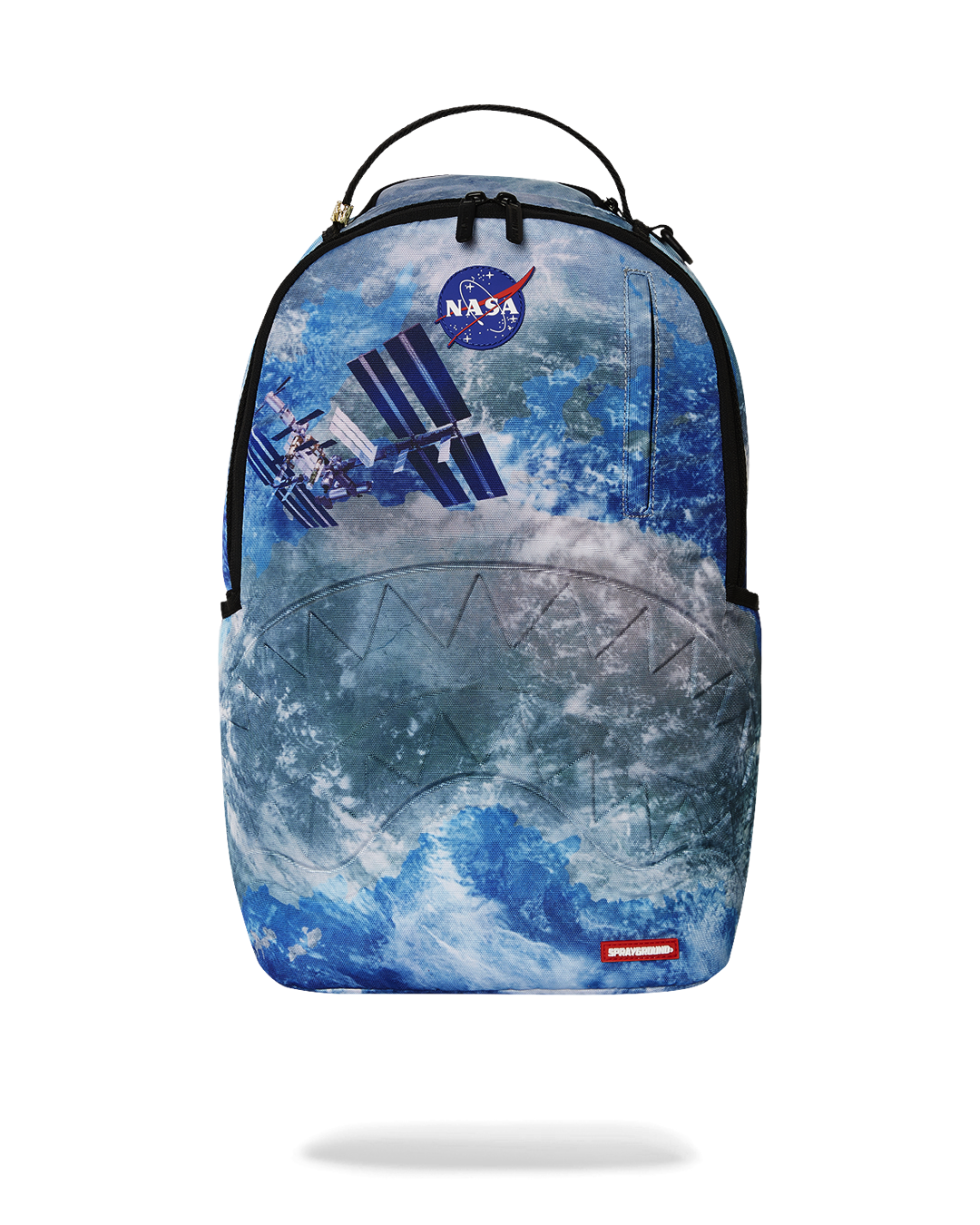 Sprayground NASA Collaboration Limited Edition Laptop Backpack from the front, showcasing its embossed design and front zipper pocket.