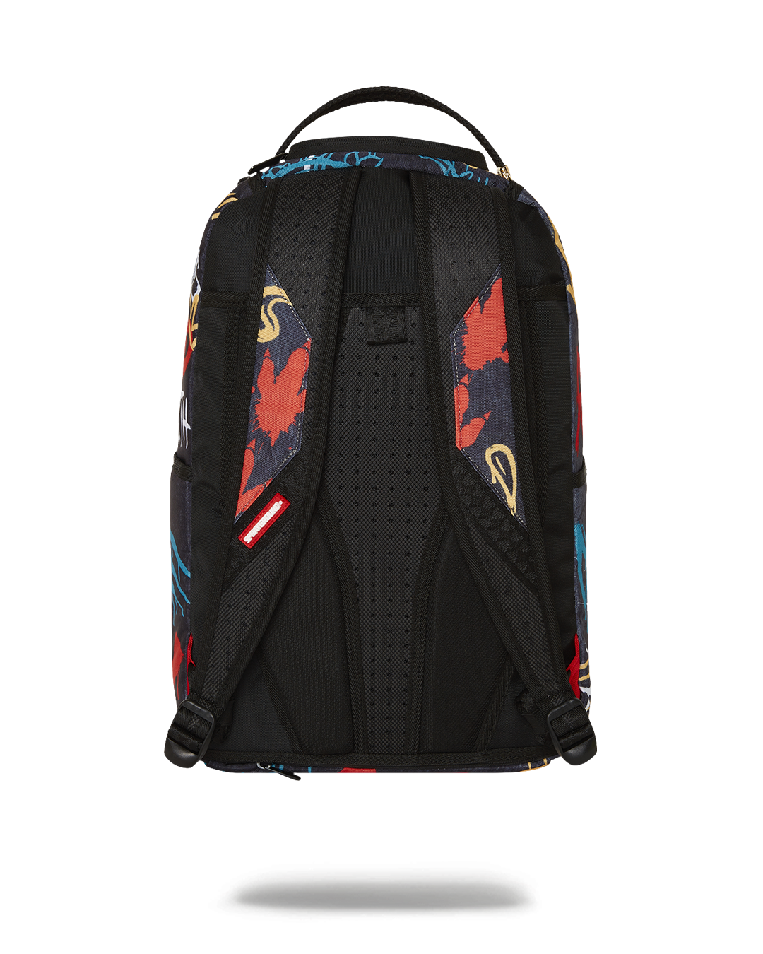 Front view of Jurassic backpack showing splash print and claw zipper
