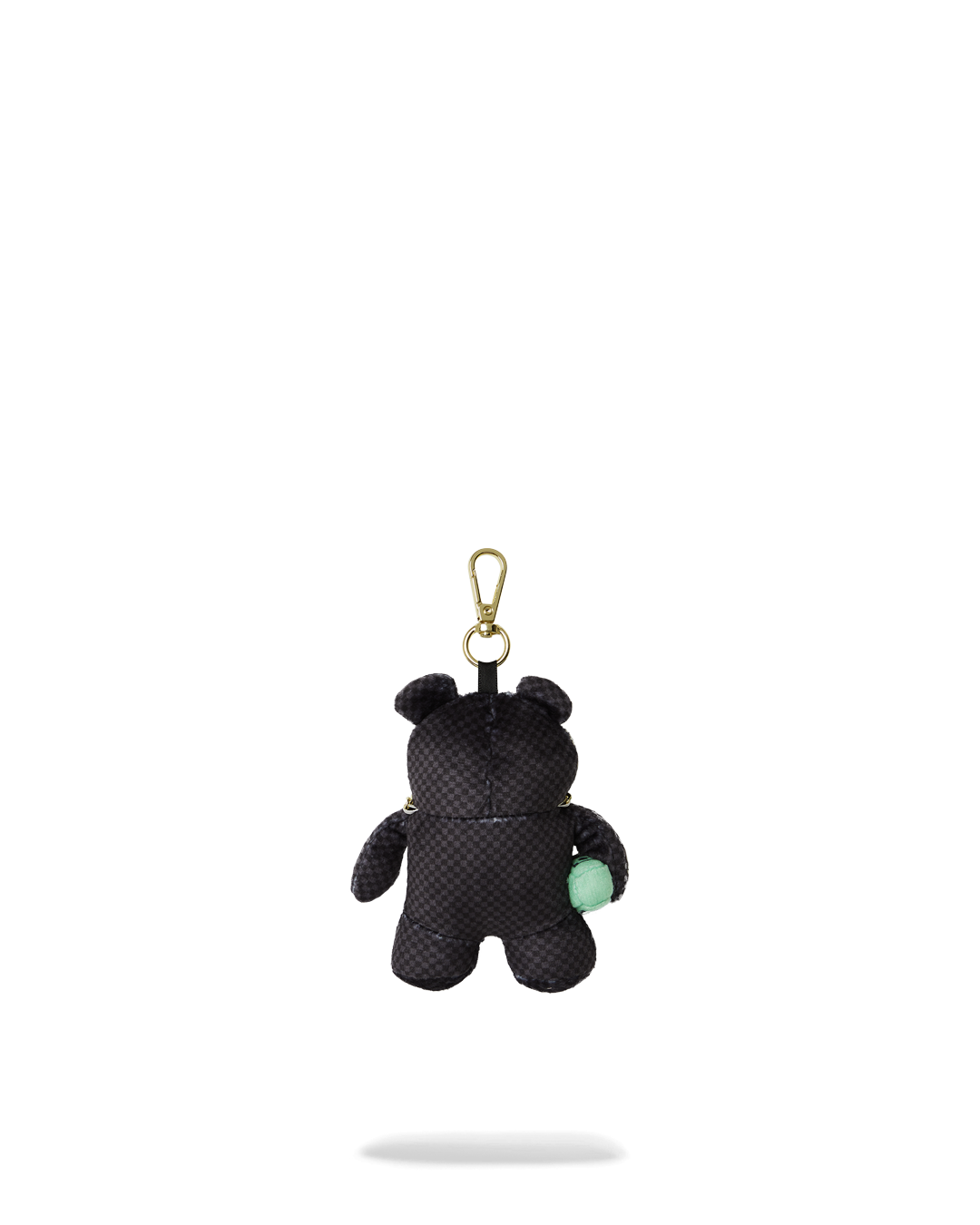 Teddy bear keychain attached to a bag zipper.