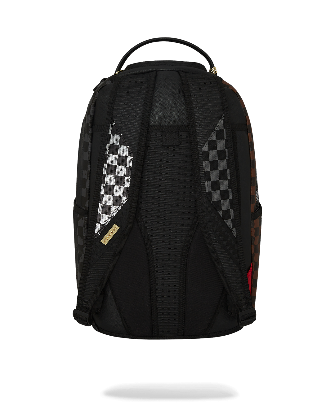Front view of designer backpack showing textured exterior and golden zippers