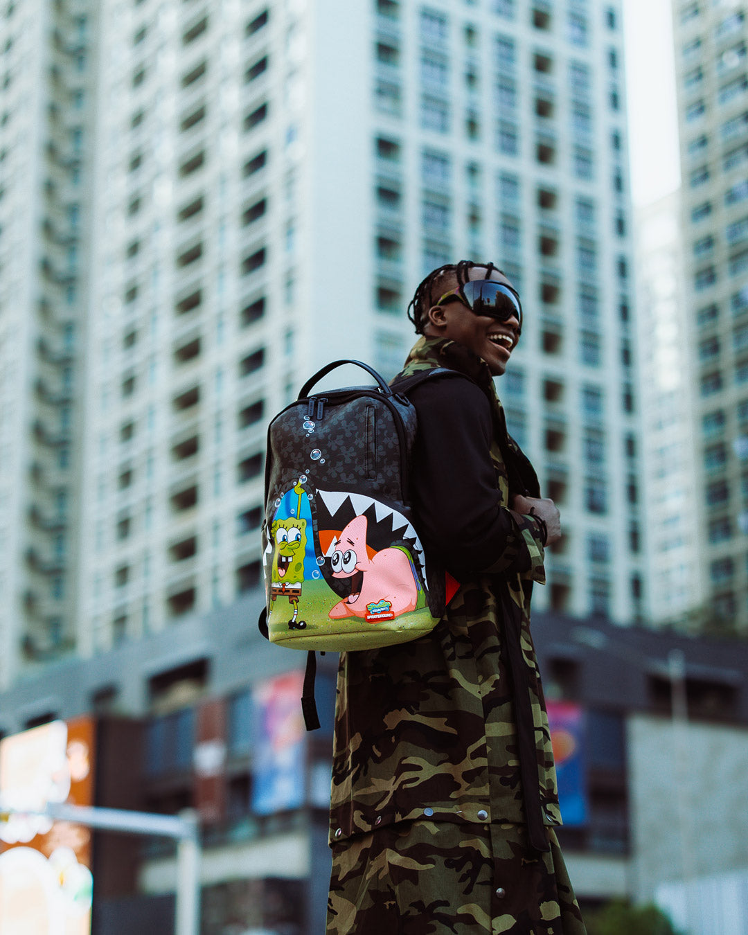 Interior view of the SpongeBob backpack with velour laptop compartment.