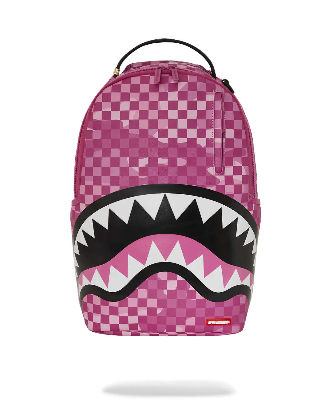 Side view of pink camo faux leather backpack showing side pockets and gold zippers