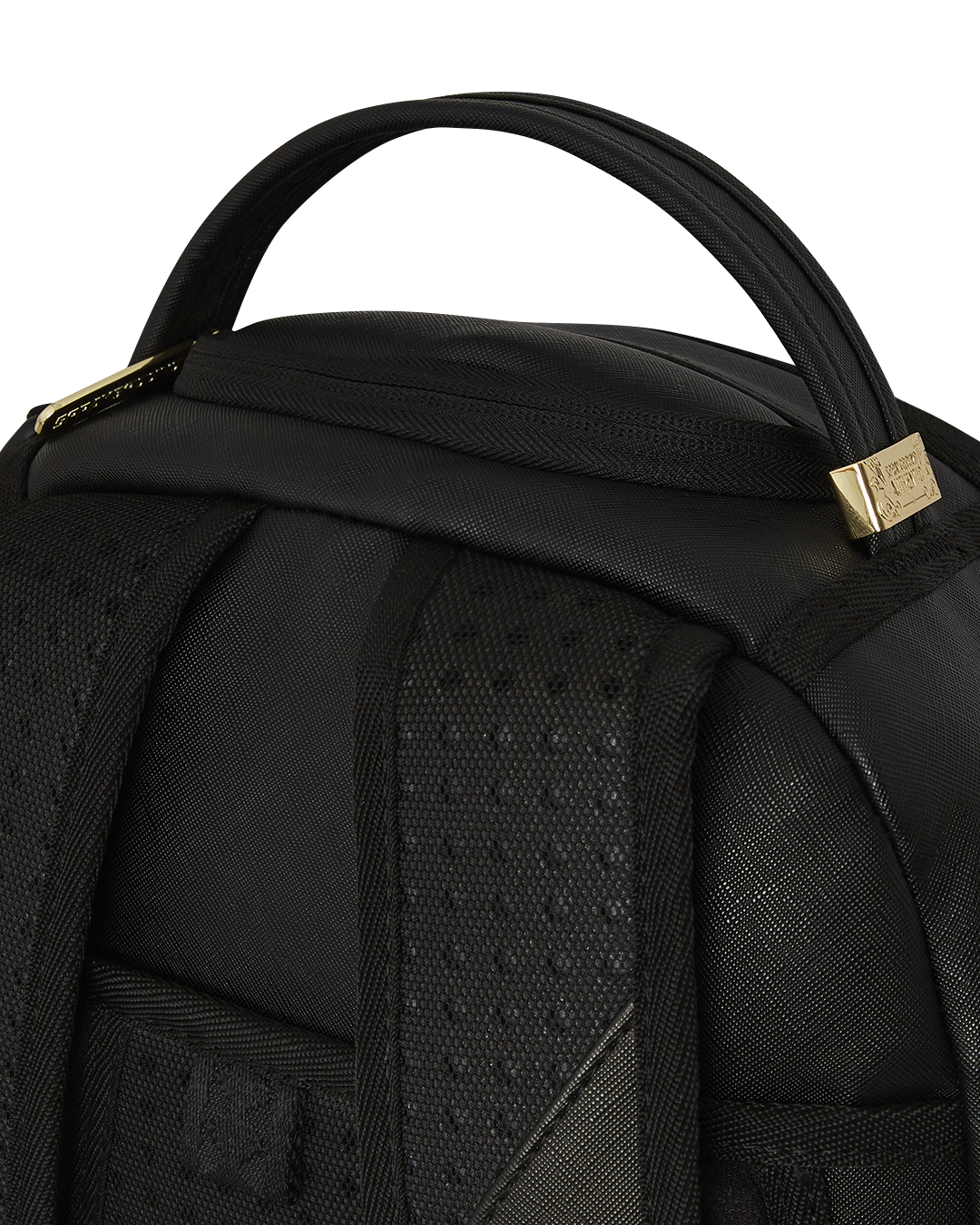 Side view of designer backpack showing gold zipper and faux leather texture