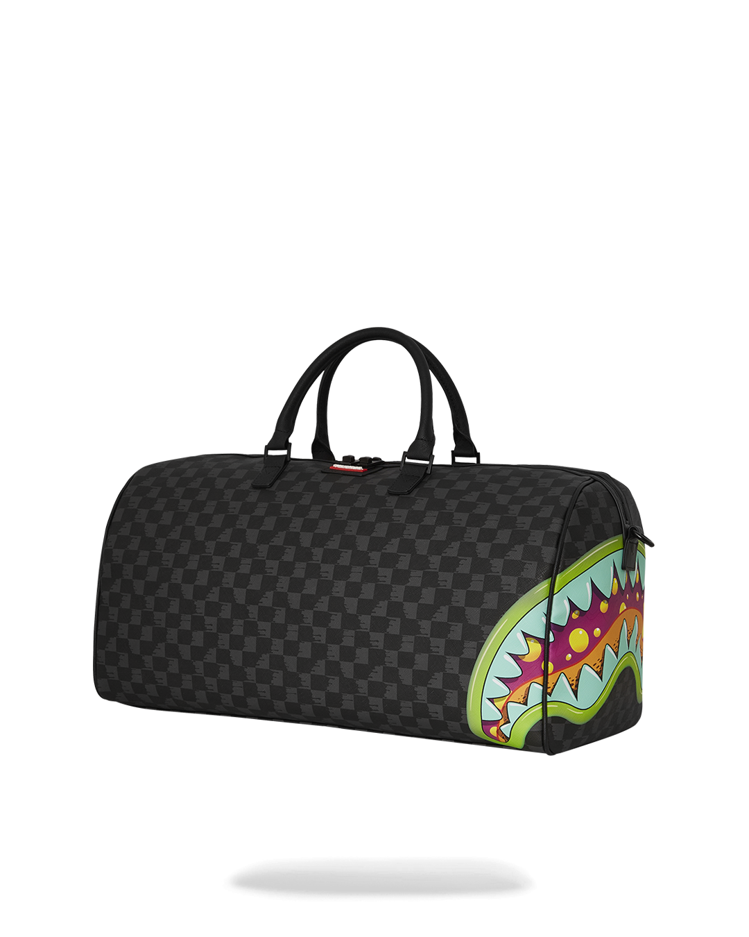 Side view showing adjustable straps and back zippers on the duffle bag