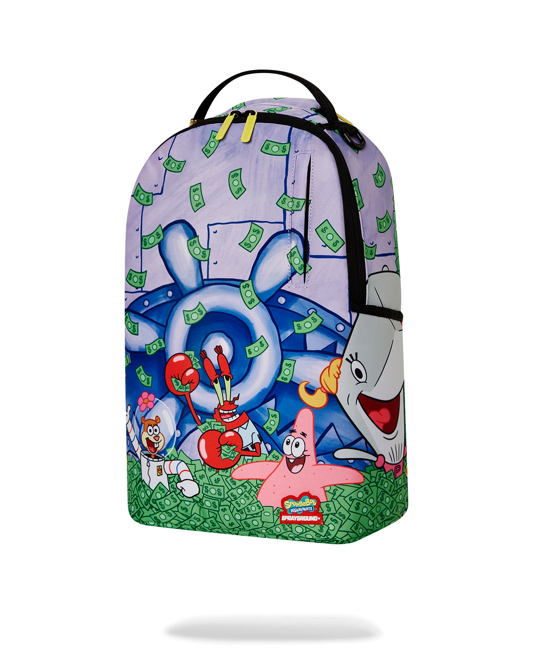 Side view of SpongeBob Sprayground backpack with adjustable straps and ergonomic padding.