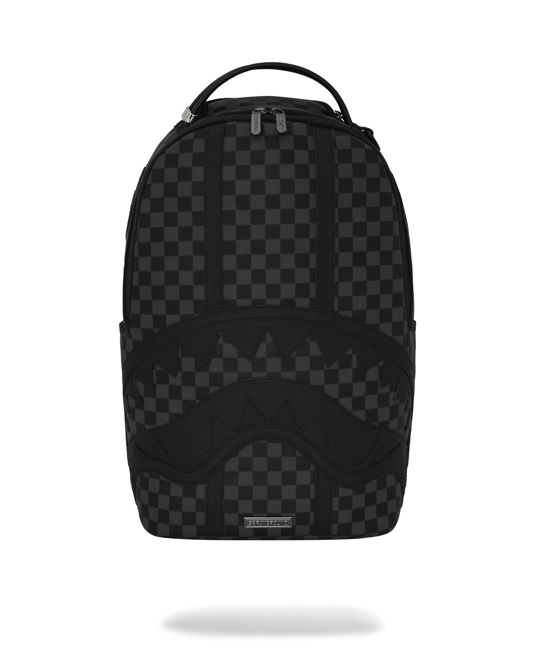 Midnight Chateau backpack worn over shoulders with urban skyline backdrop