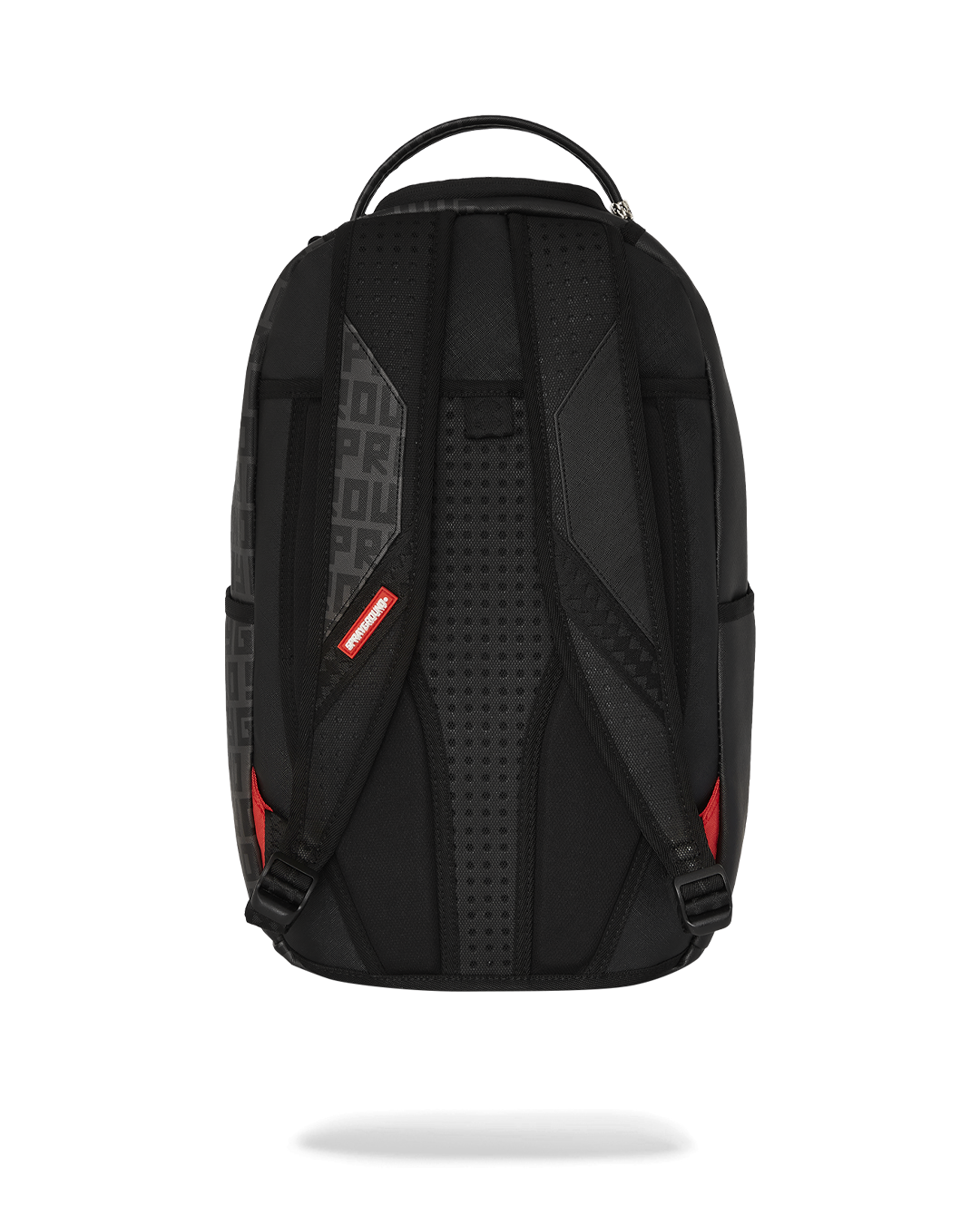 Front view of the faux leather backpack with gold zippers and multiple compartments