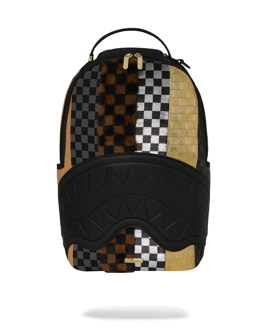 Front view of designer backpack showing textured exterior and golden zippers