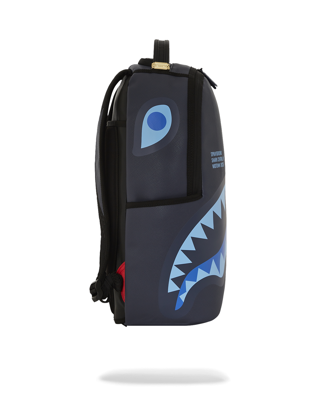 Open faux leather backpack displaying interior compartments and laptop sleeve.