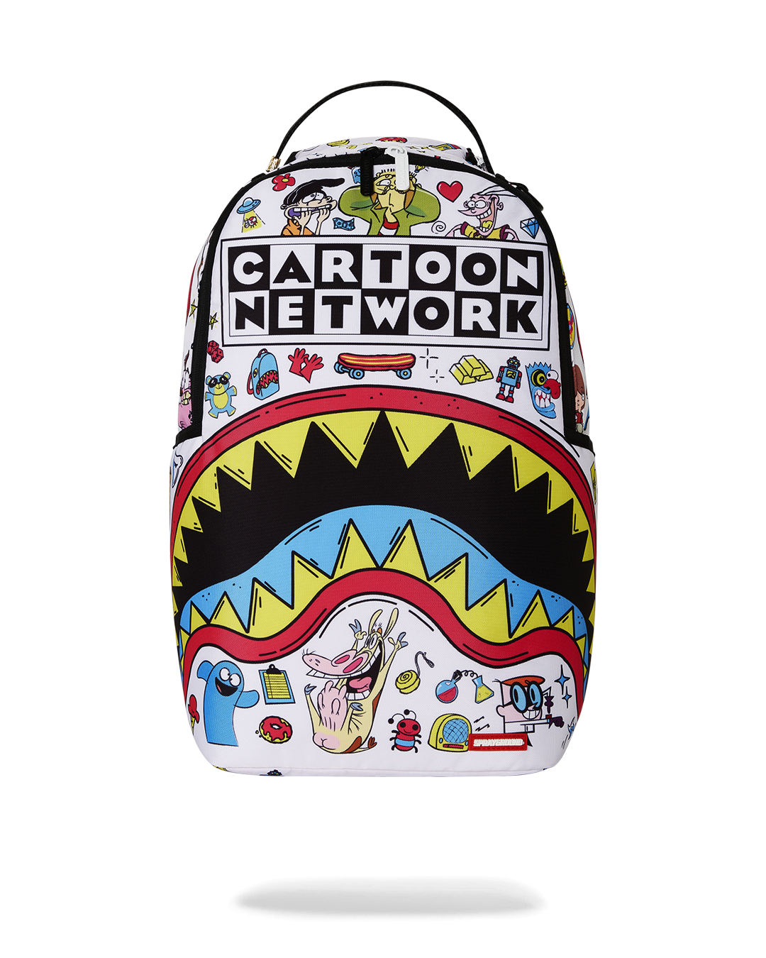 Front view of the cartoon backpacks, showing zippered pockets and bold prints