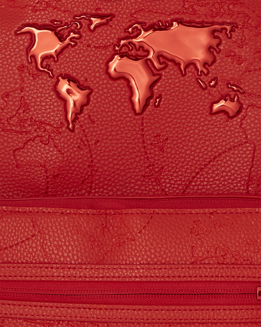 Front view of the ruby red vegan leather backpack with metal zippers