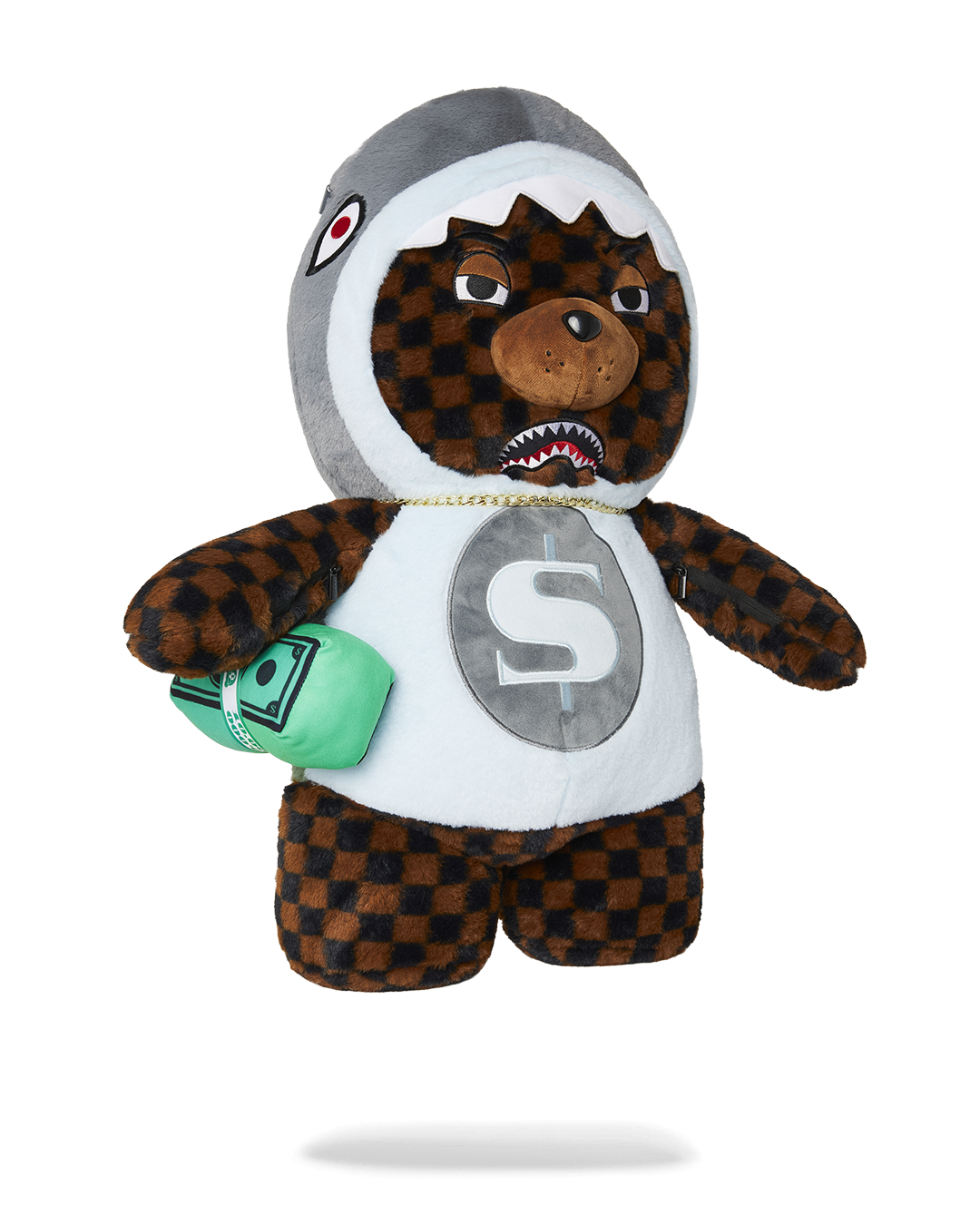 Back panel of the backpack plush featuring large zippered compartment
