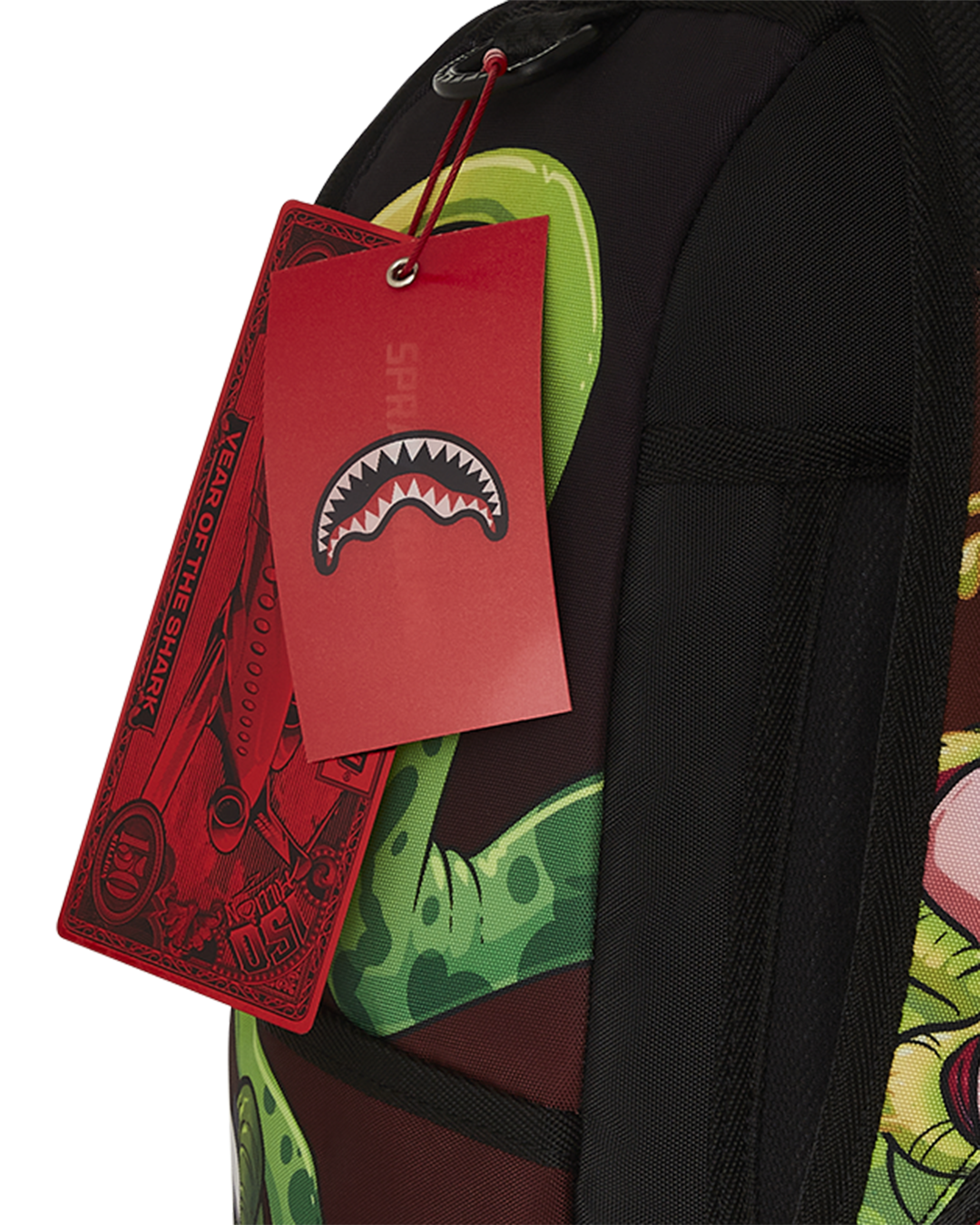 Rick and Morty backpack shown front-on with side pockets and gold zippers