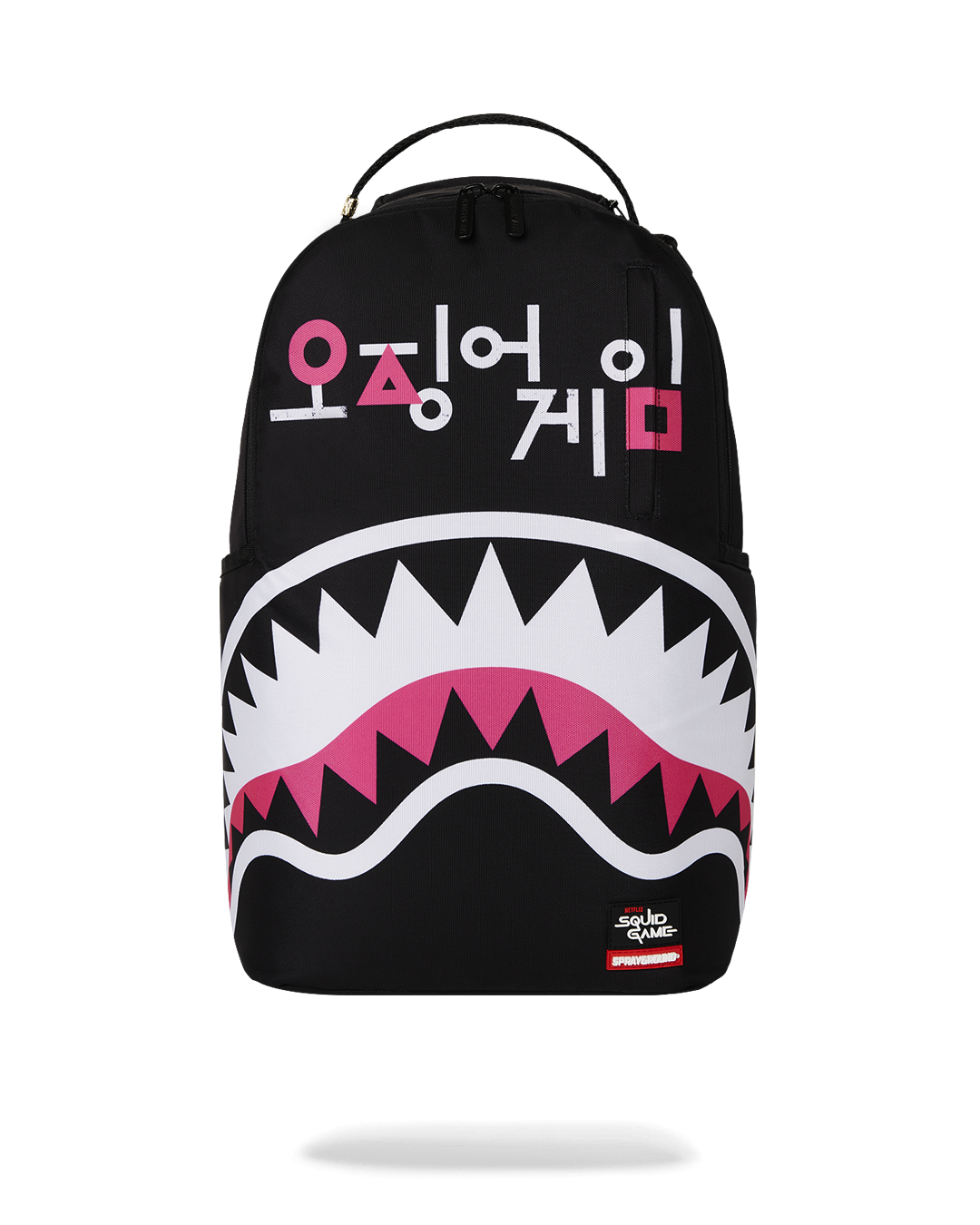 Squid Game collab backpack worn by a woman in urban setting, highlighting side pockets and ergonomic straps.