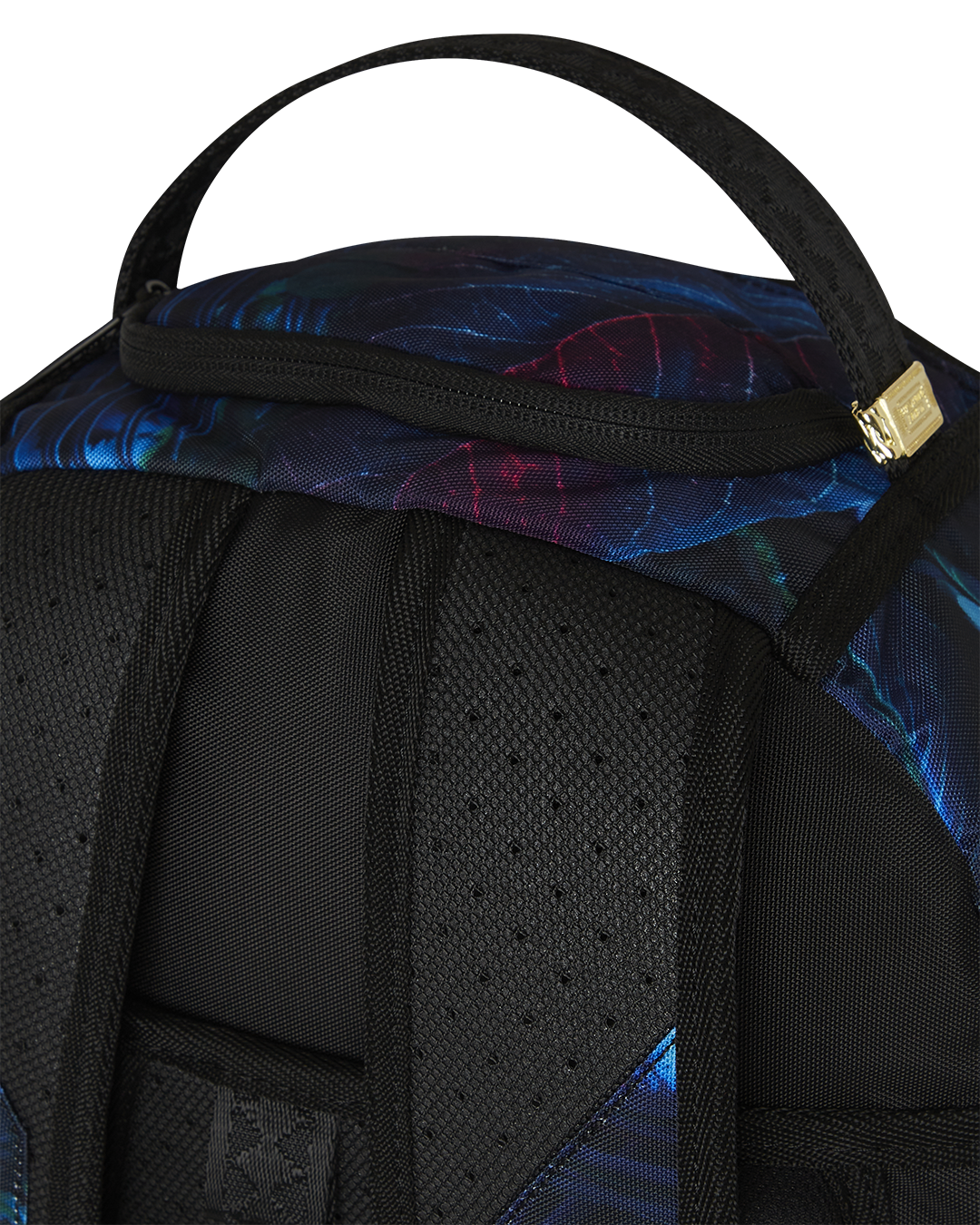 Midnight Rave DLXR backpack worn over shoulders, showcasing side pockets and sleek design