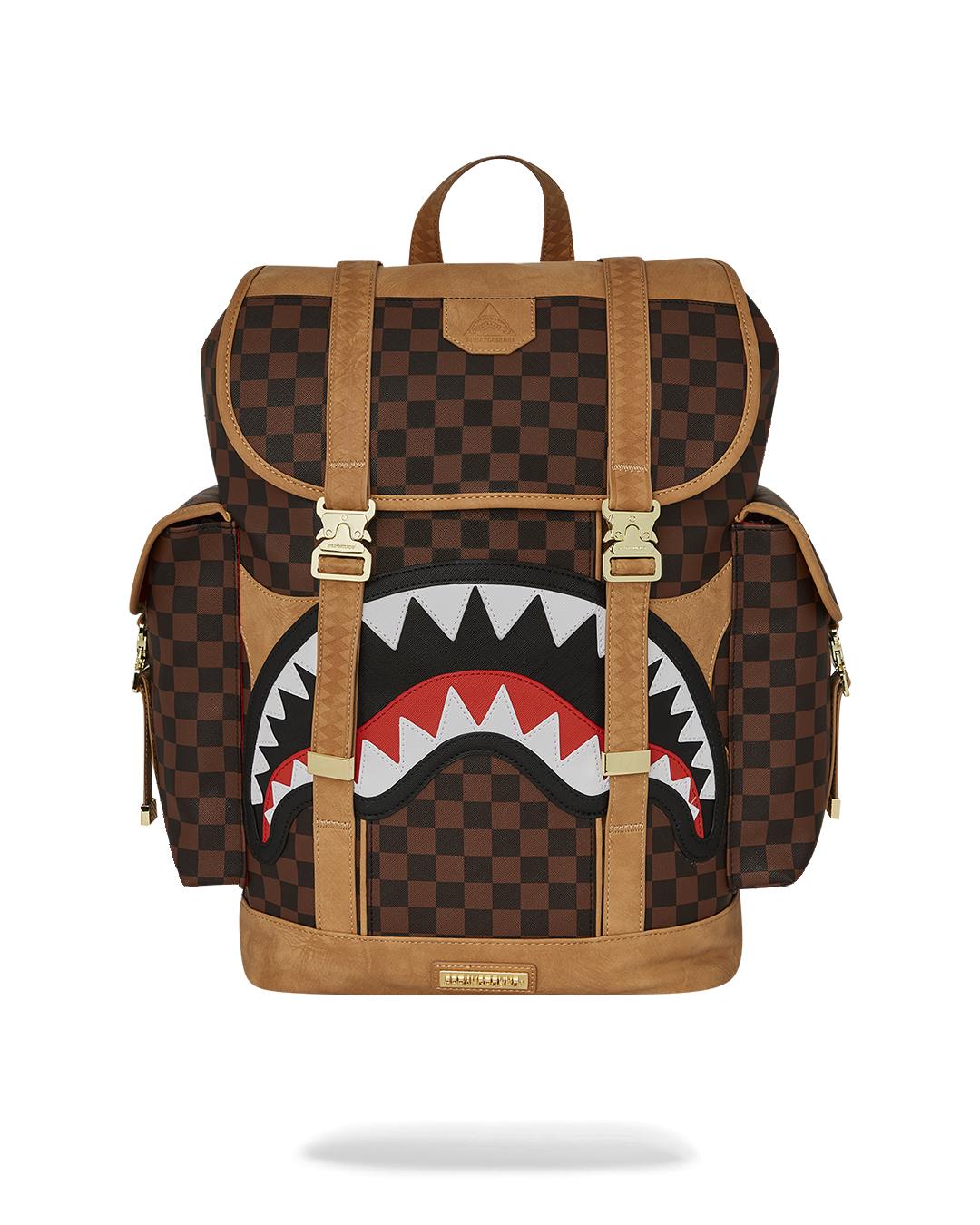 Front view of black leather backpack with flap and buckle detailing
