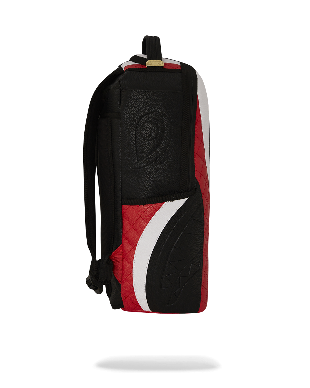 Side view highlighting the backpacks zippered pockets and ergonomic straps.