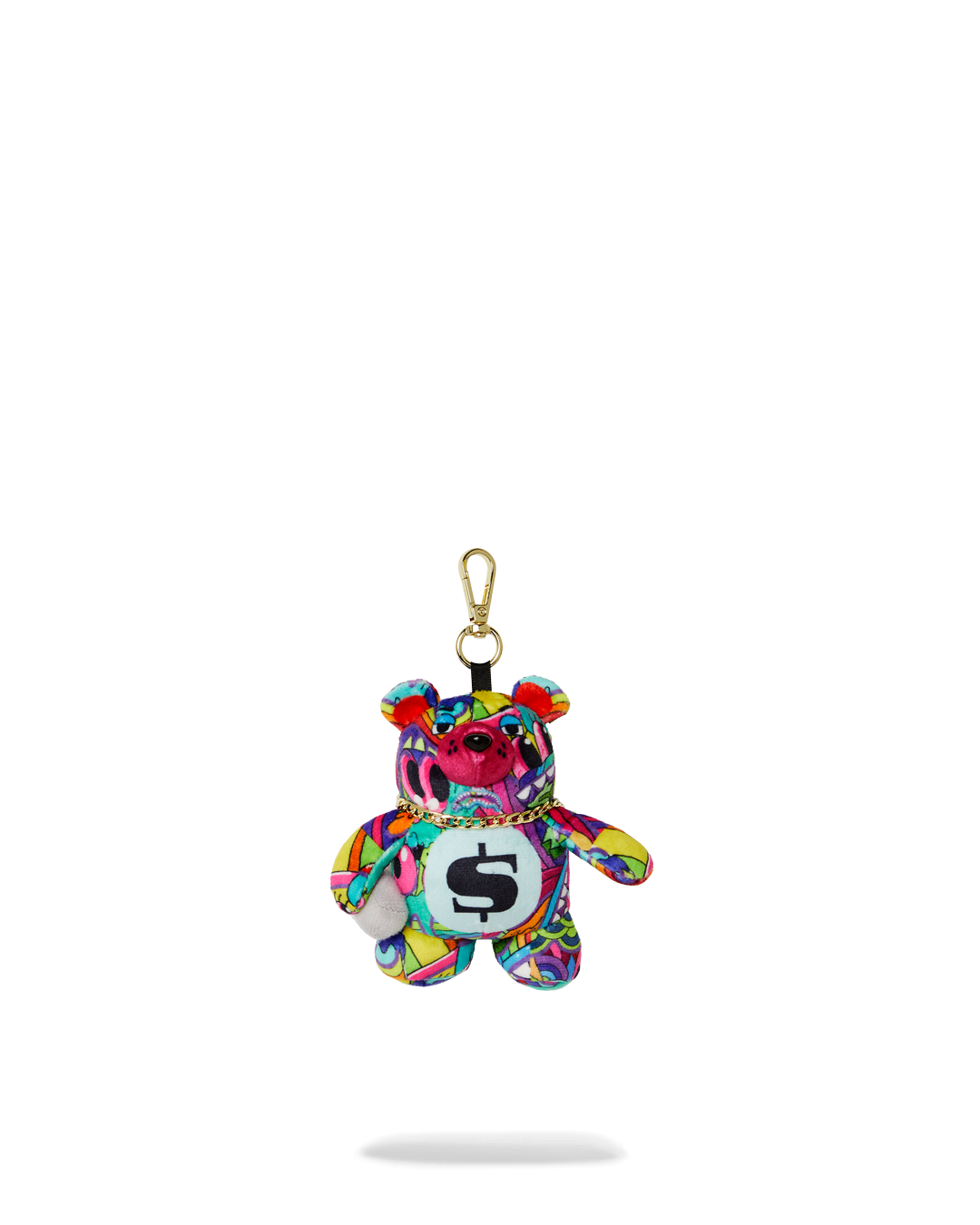 Plush bear keychain showcasing its cute design against a colorful background.