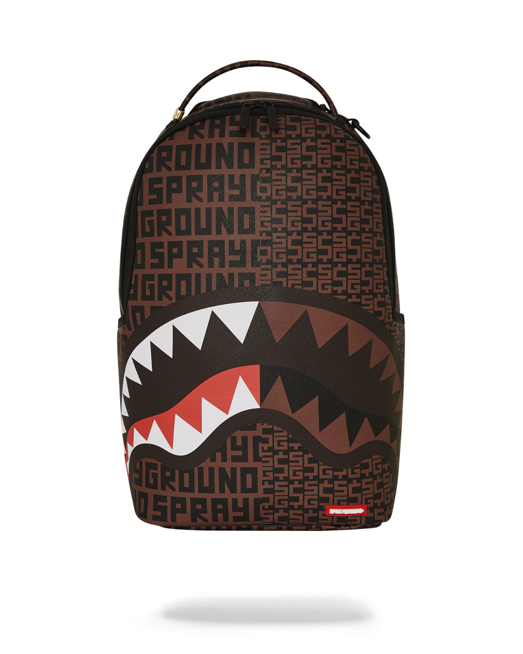 Front view of fashion backpack showing gold zippers and logo badge