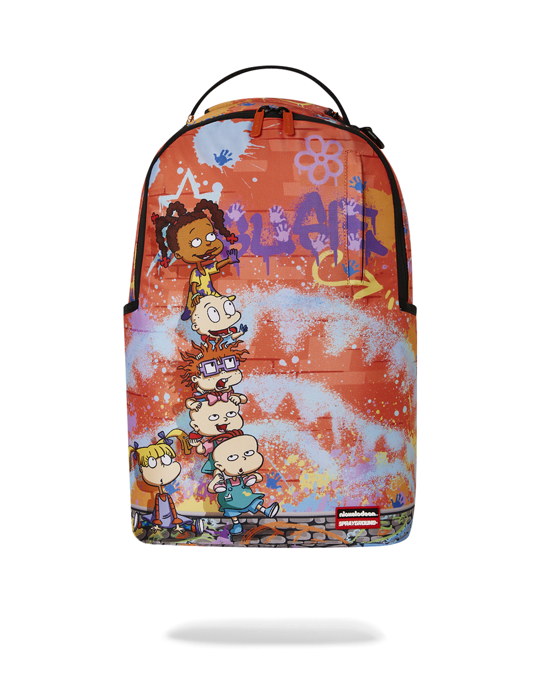 Front view of the pink Sprayground backpack showcasing RUGRATS design.