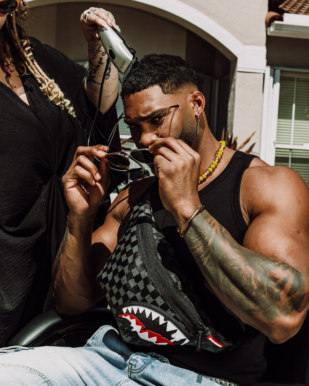 Unique cut and sew drippy sharkmouth design on the leather bag.