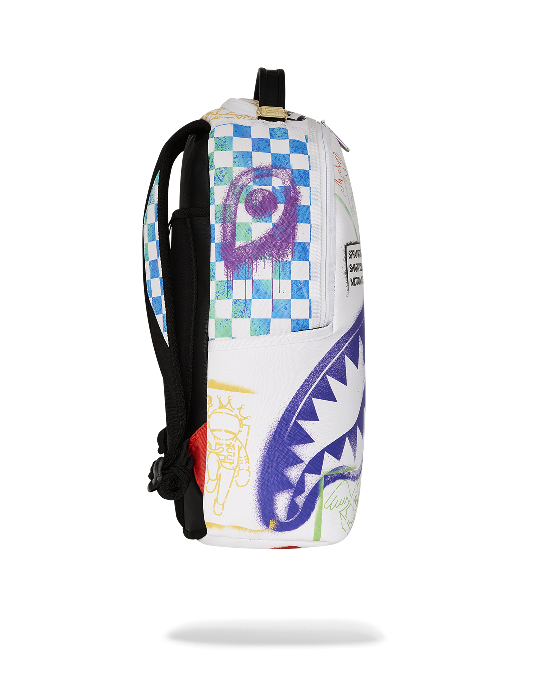 Woman wearing faux leather backpack with city skyline in background
