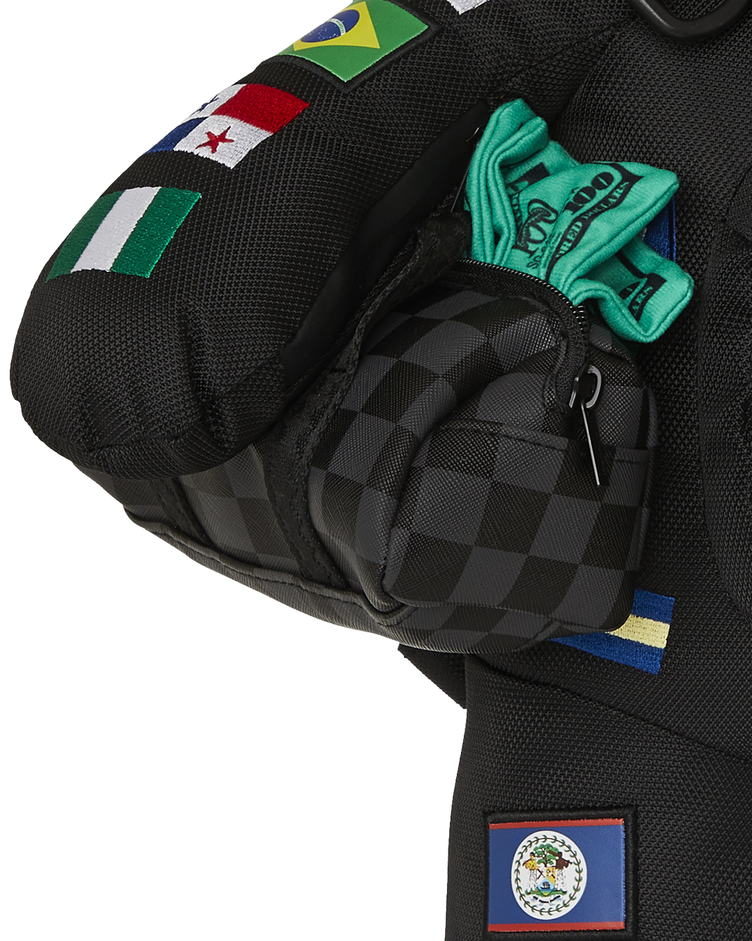 Side angle of the limited edition sprayground teddy bear backpack showing adjustable straps and zippered pockets.