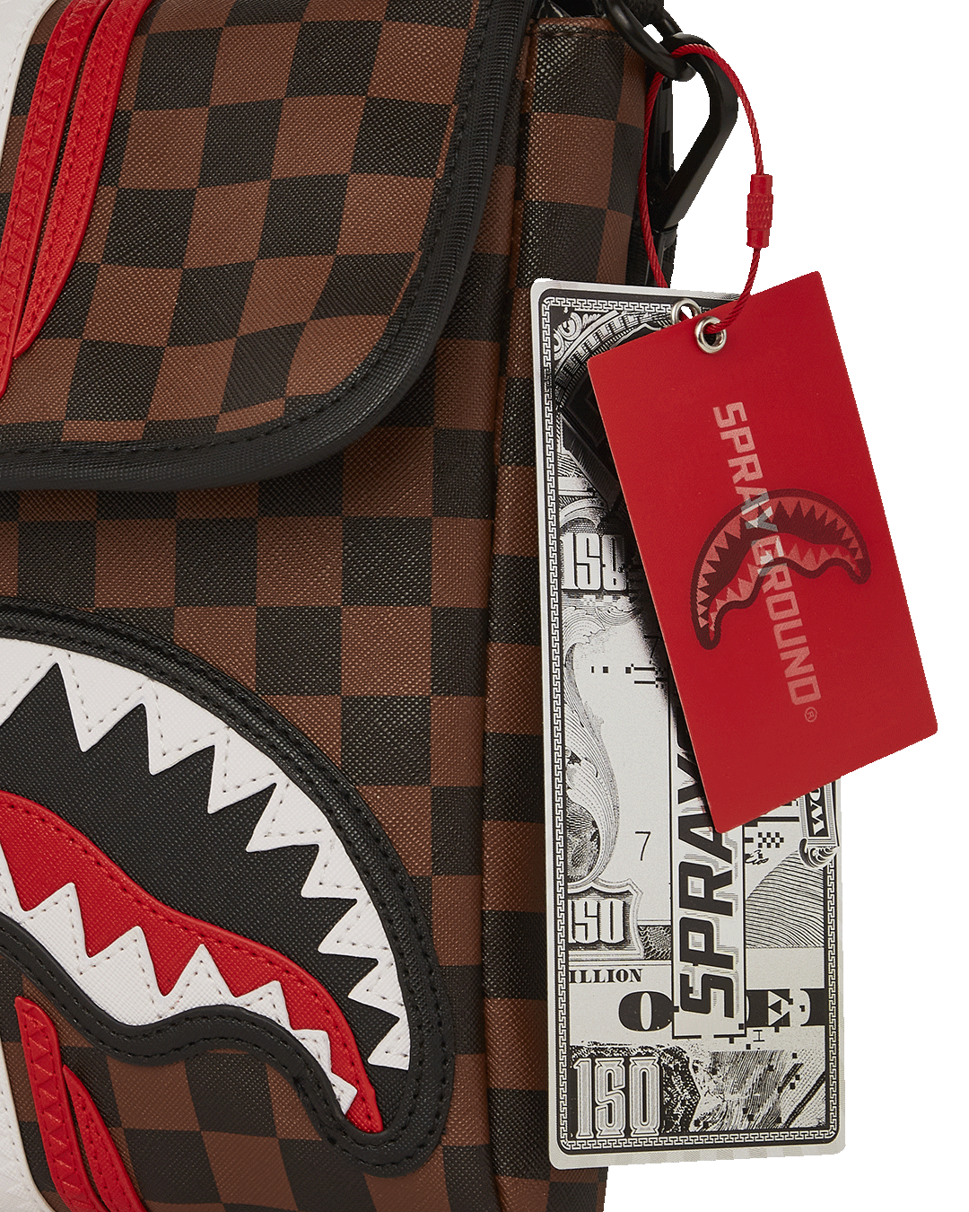 Close-up of the faux leather texture and zipper details on the sling bag