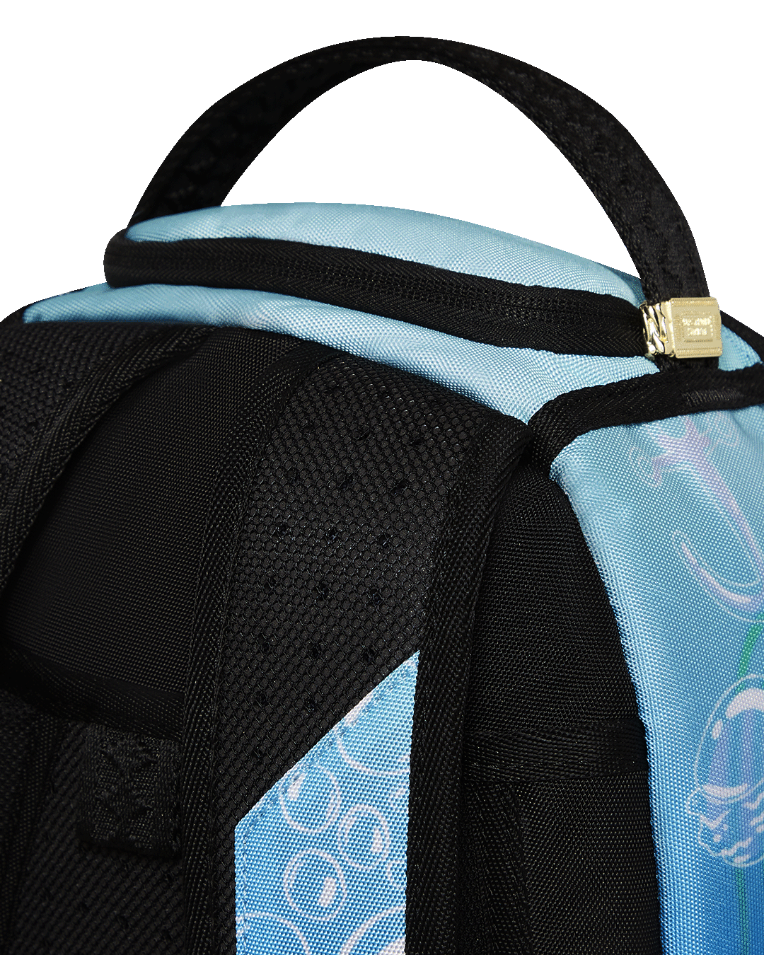 Front view of SpongeBob blowing bubbles kids backpack with wheels
