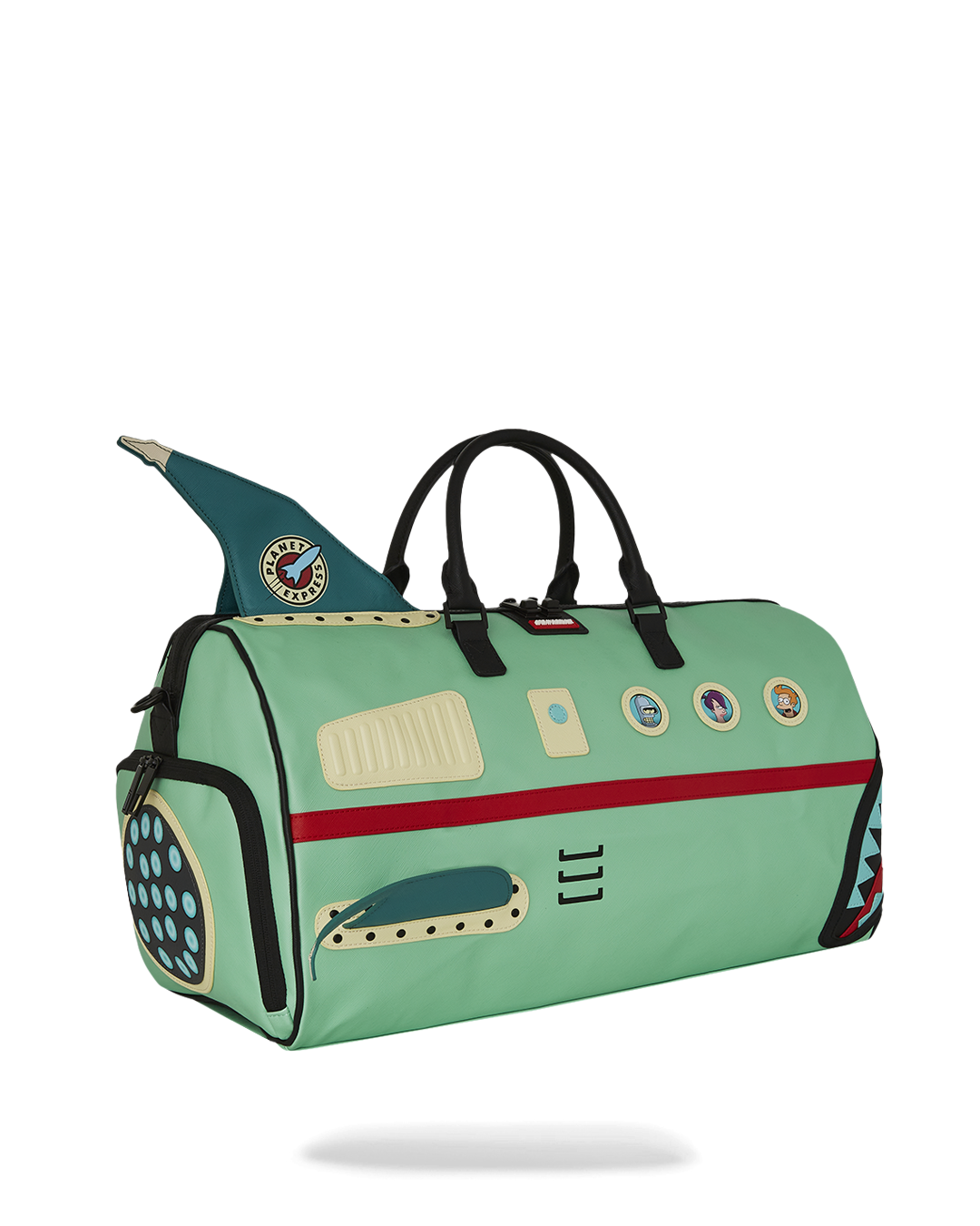 Close-up of the duffle bags metal zipper pocket and character designs on the side, showcasing its premium features.