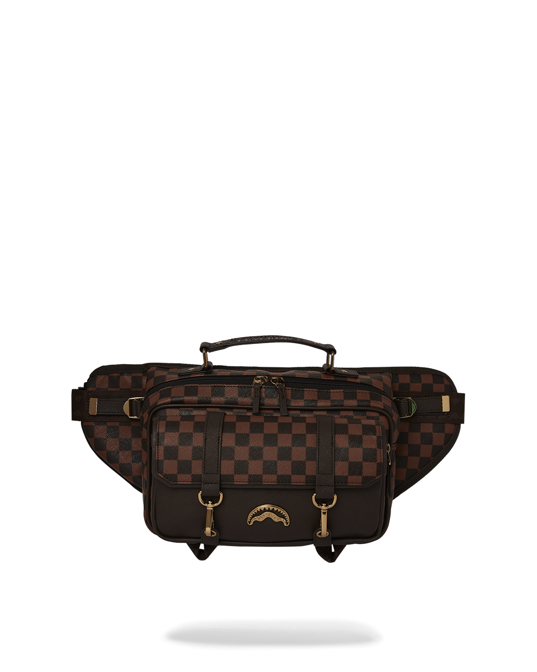 Front view of the black crossbody bag with adjustable strap and multiple pockets