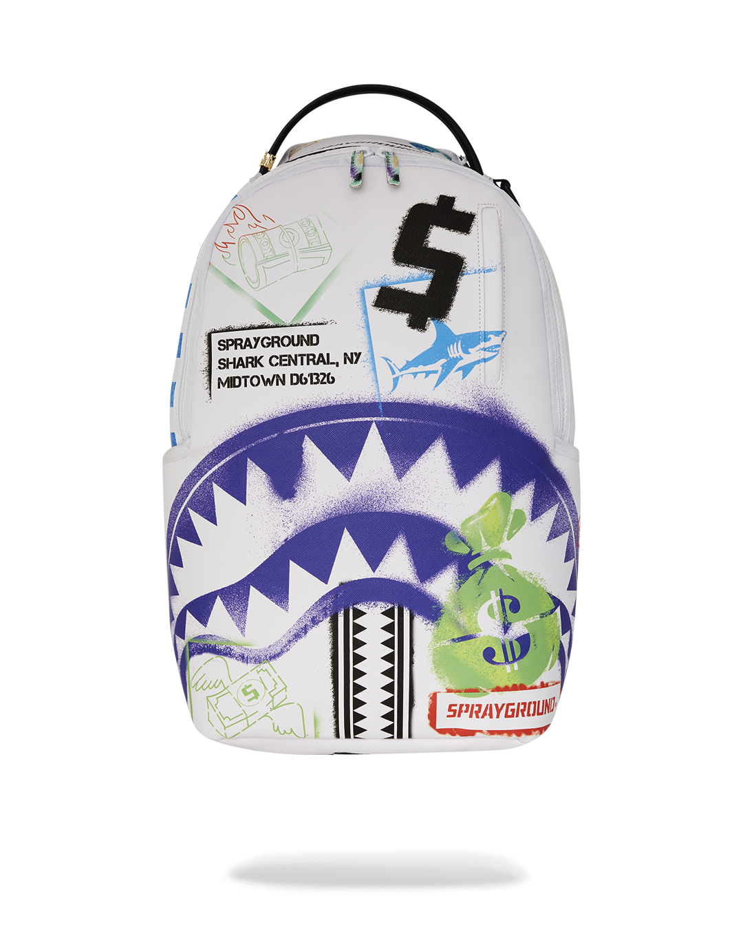 Shark Central backpack open, showing laptop compartment and organizer pockets