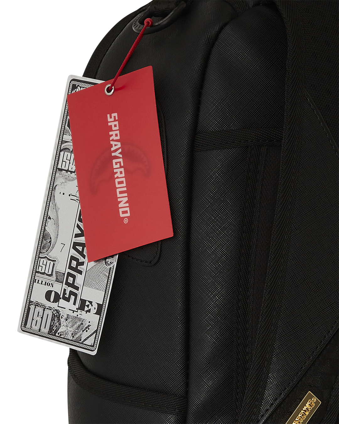 Racing Stripes Faux Leather Backpack with gold zipper and metal hardware, showcasing the front zipper pocket.