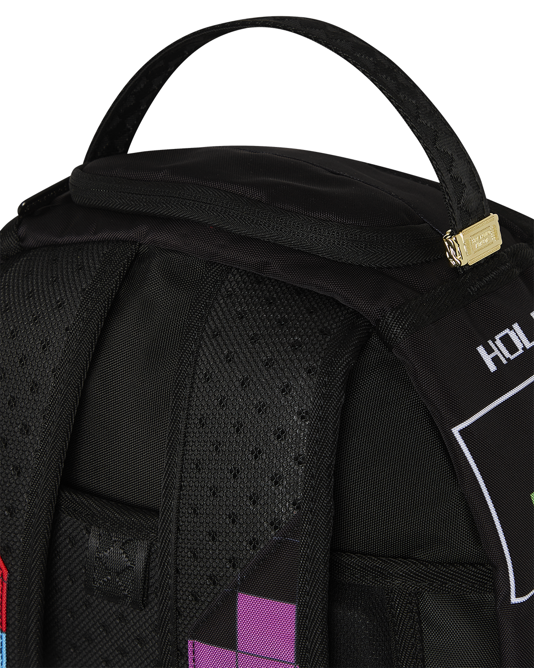 Front angle of the Tetris backpack showing Diablo art and gold zippers