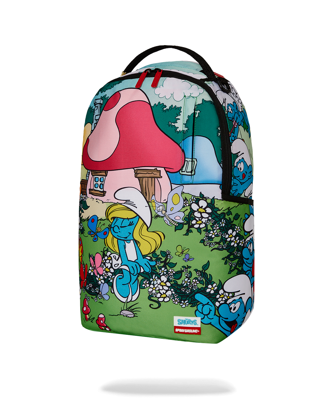 Child wearing Smurfs cartoon backpack during outdoor play.