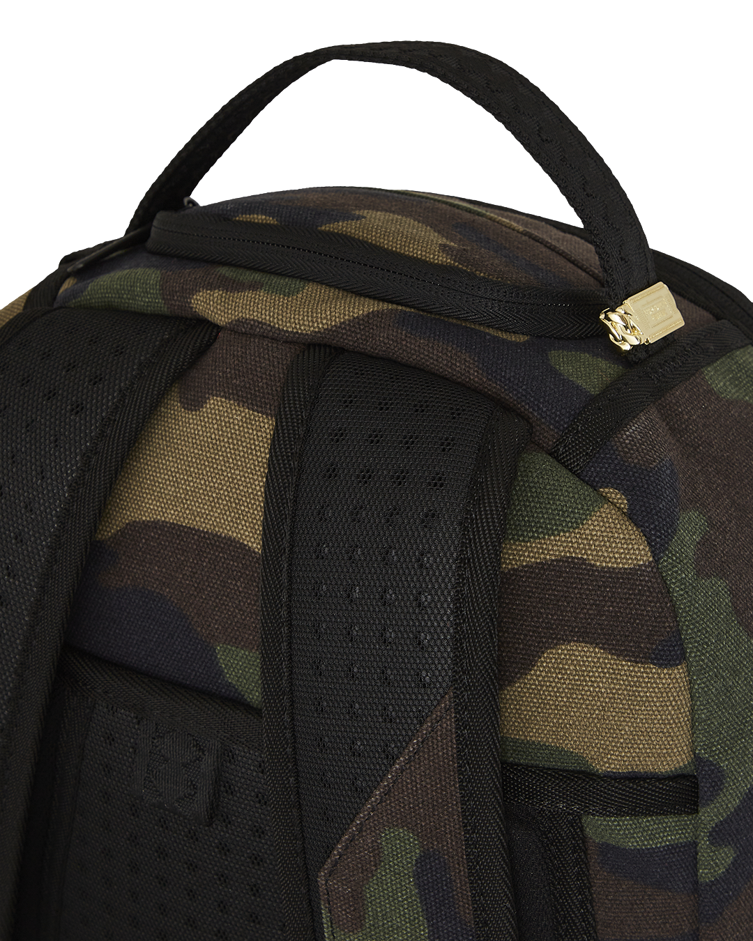 Camo backpack with ergonomic straps and exterior stash pocket on hiking trail.