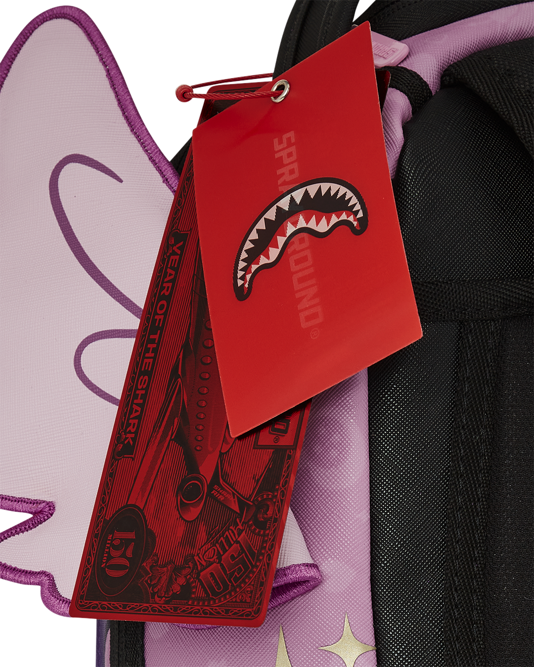 Front view highlighting the crown and wing embroidery on the backpack