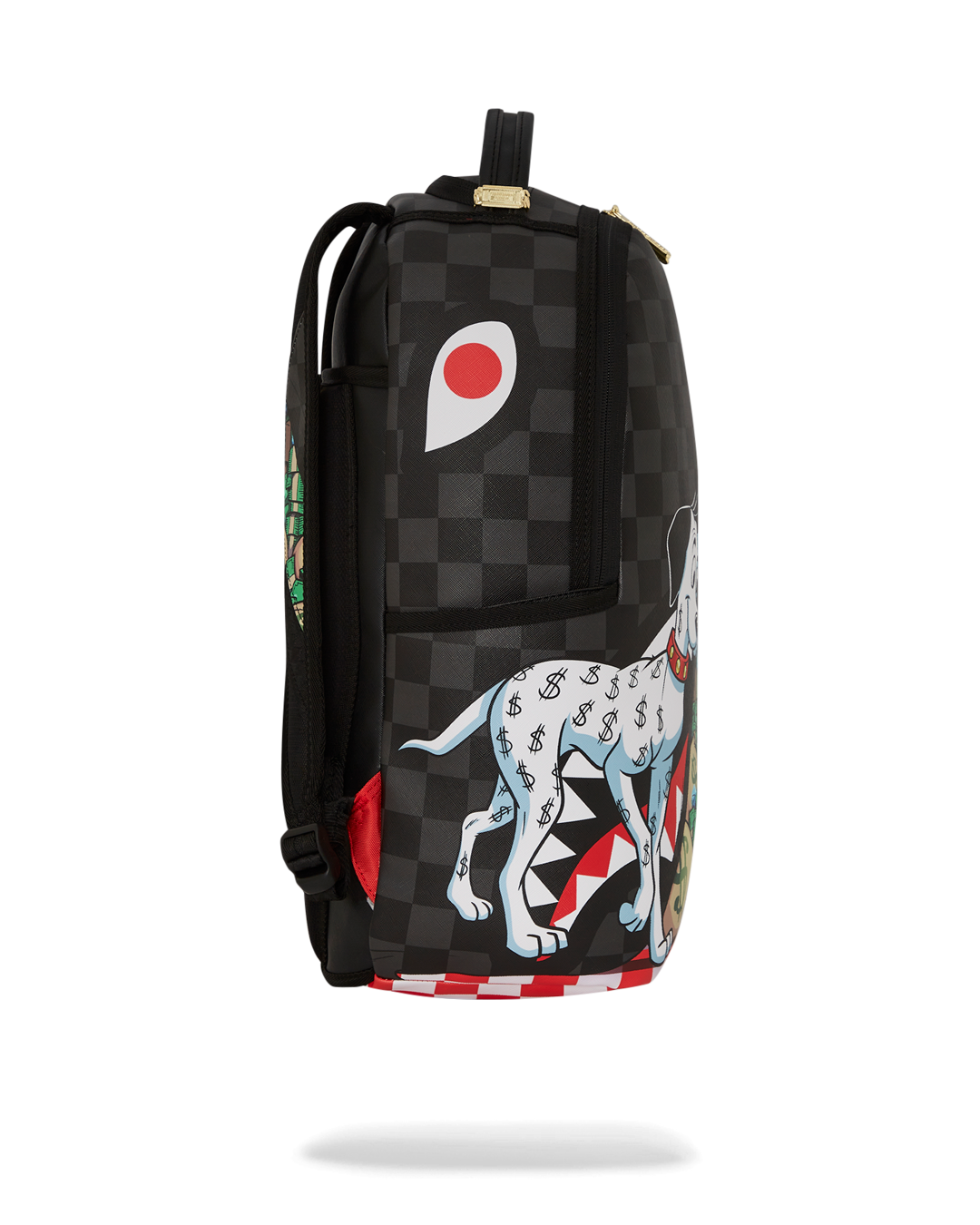 Stylish exterior of the Richie Rich backpack featuring gold zippers and side pockets.