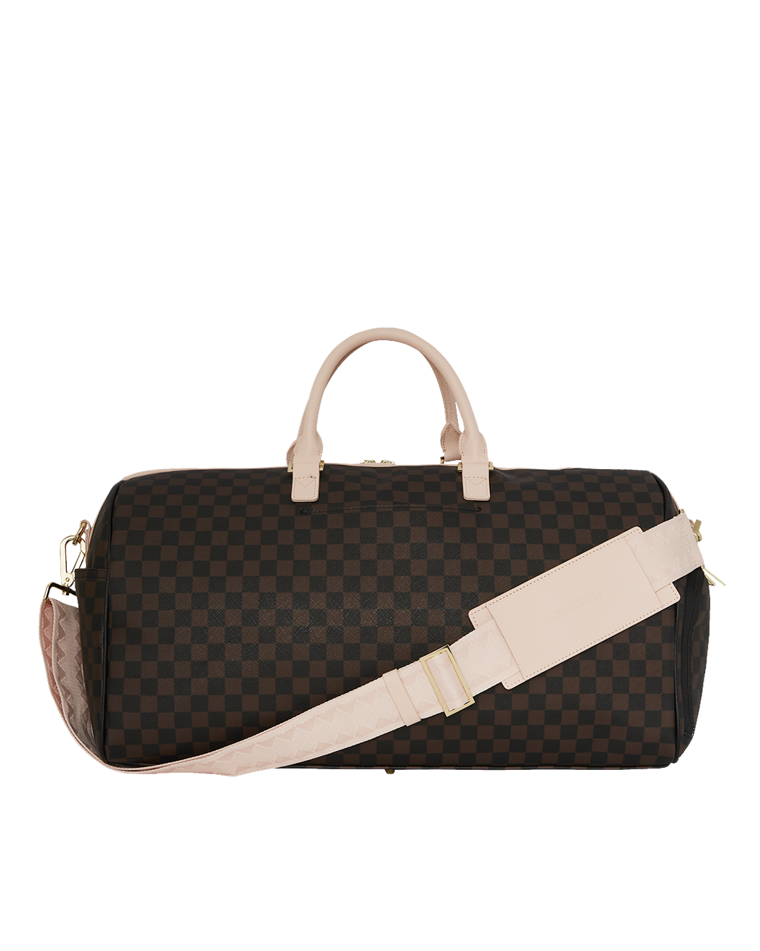 Front view of the faux leather rolling duffle bag in an outdoor setting.