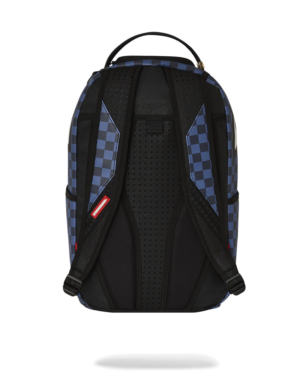 Close-up of the faux leather sharks backpack featuring shark mouth design and gold hardware