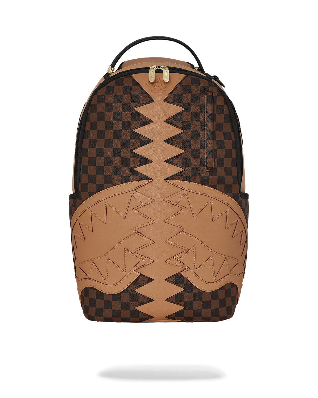 Hypeshark DLX faux leather backpack on a city park bench, showcasing side pockets and ergonomic straps