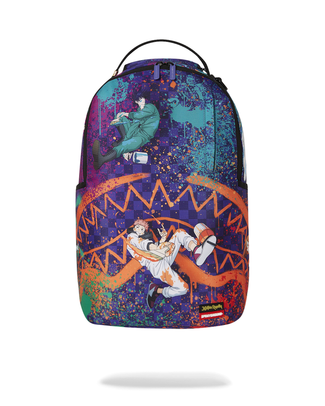 Front view of traveler's backpack showing zipper details and velour-lined pocket