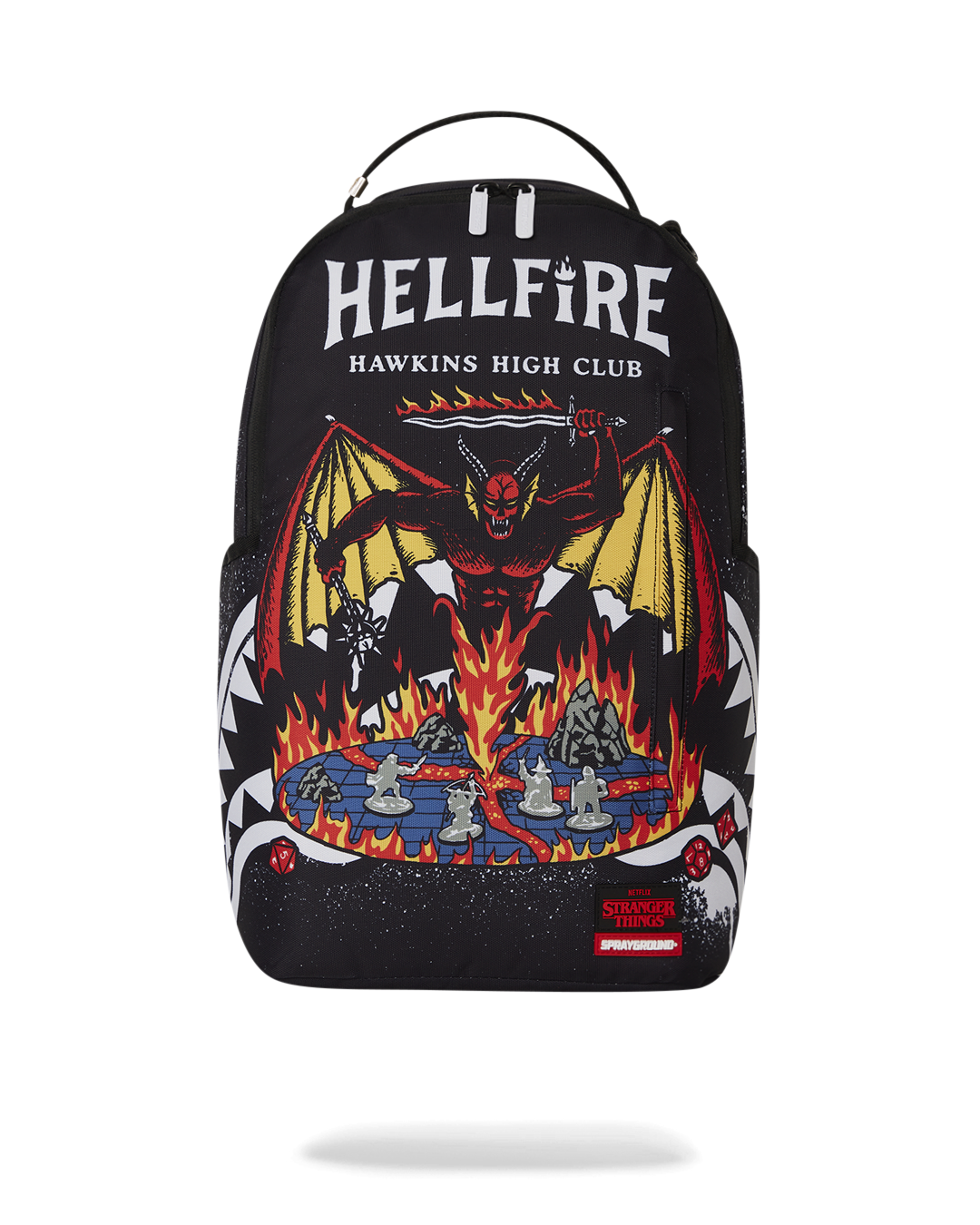 Stranger Things Hellfire backpack front view with zippered pockets