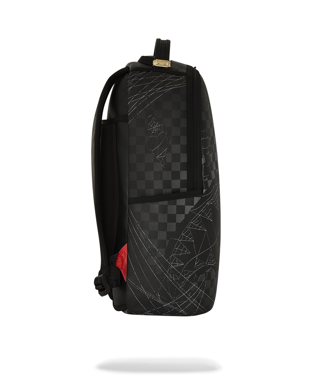 Side view of water-resistant faux leather backpack with adjustable straps and side pockets