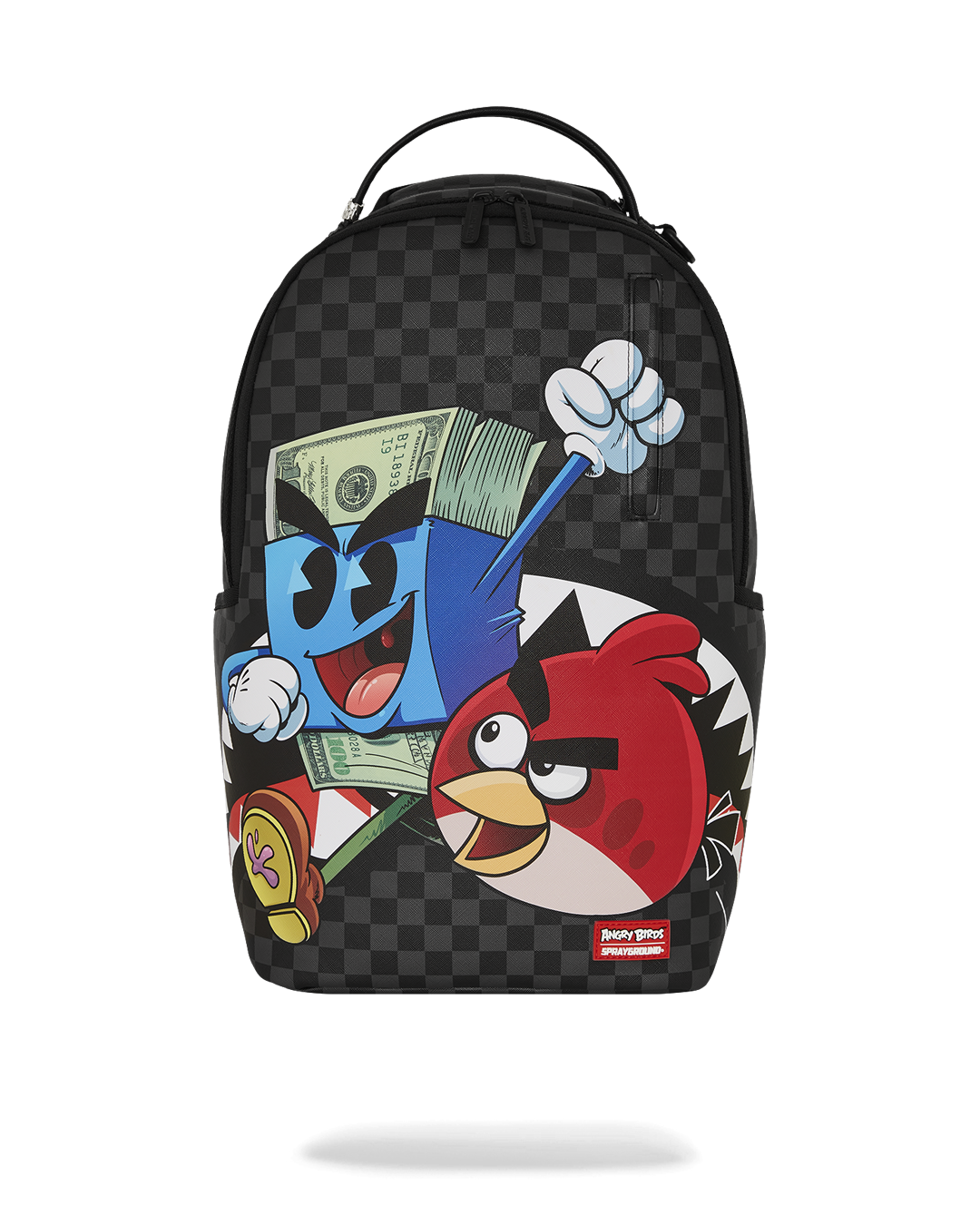Front view of the Angry Birds x Money Boys faux leather backpack with gold zippers