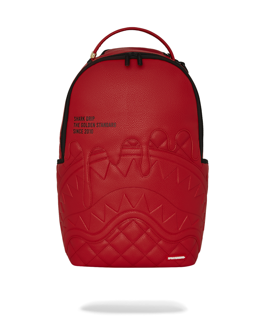 Front view of the embossed faux leather backpack with gold zippers shown against a city backdrop.